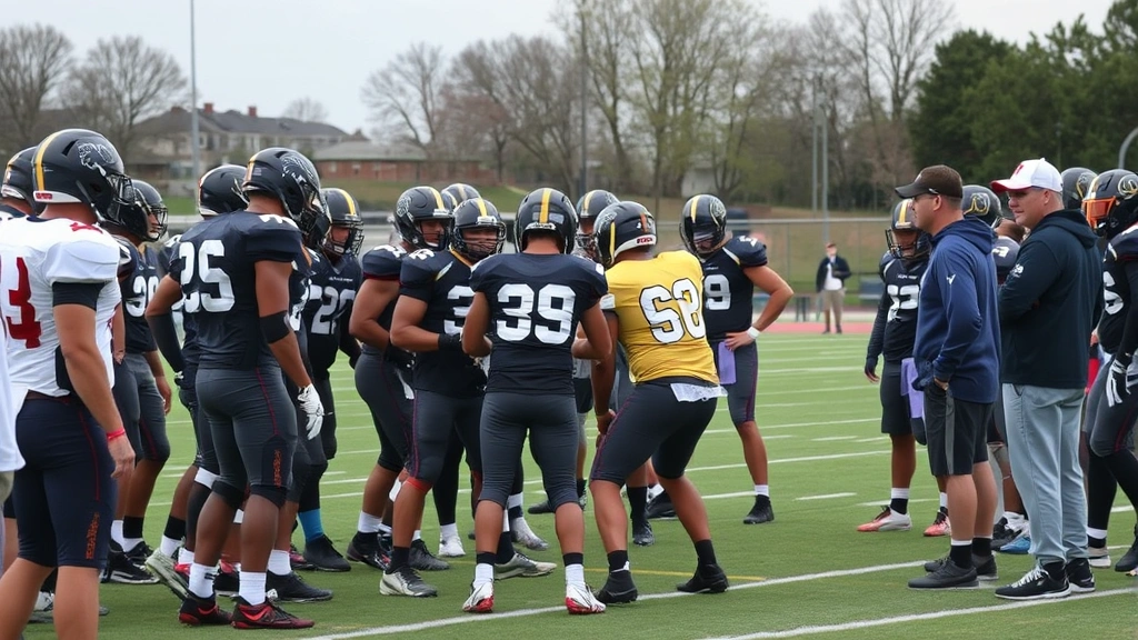 Football team huddled together during intense practice drill, defensive and offensive players engaged in competitive live action, coaching staff observing from sideline with focus