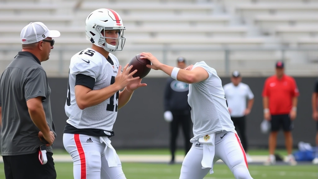 Football quarterback in white jersey practicing footwork and throwing mechanics during training session, receiving specialized coaching instruction, athletic precision and form demonstrated