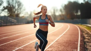 Athletic woman performing high-intensity interval training sprint on outdoor track, maximum effort expression, dynamic motion blur, morning sunlight, professional fitness photography