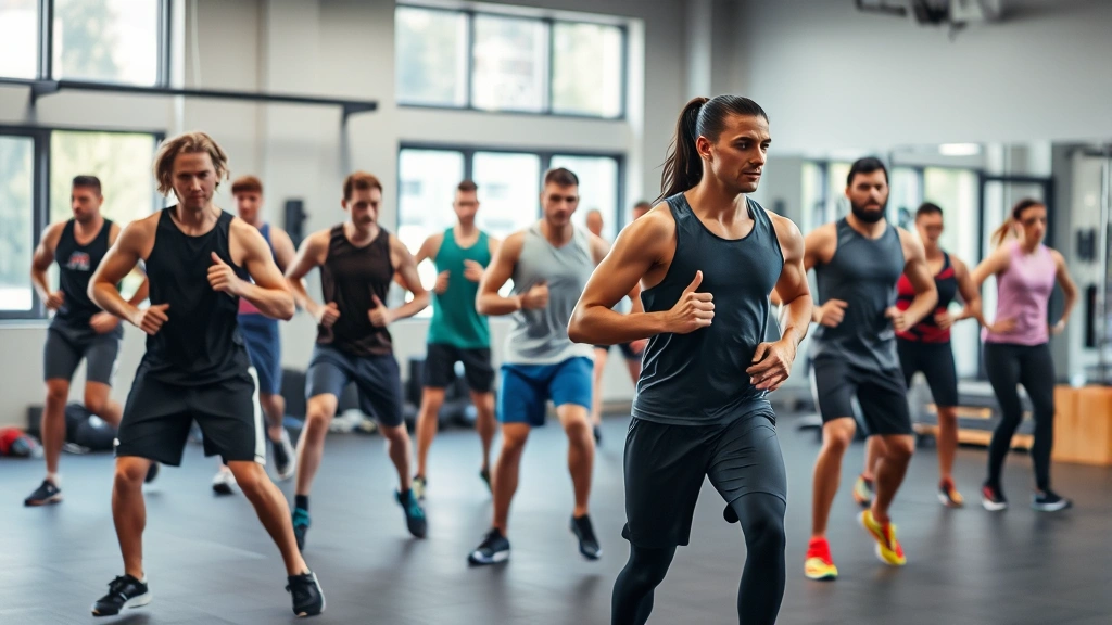Diverse group of athletes performing sport-specific cardio conditioning, multi-directional movement, gym environment, various fitness levels, motivational training atmosphere, professional documentation