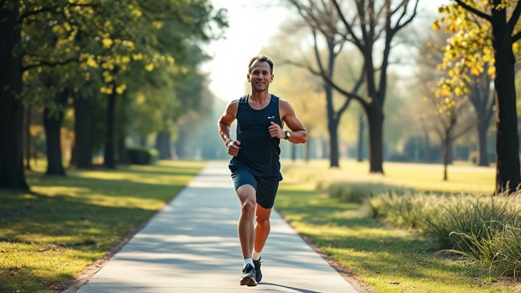 Runner jogging at steady pace through park pathway, relaxed expression, consistent breathing rhythm visible, morning light, sustainable effort intensity, natural background