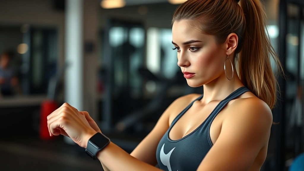 Female athlete measuring heart rate with fitness watch after completing cardio workout, recovery phase, gym setting, focused on monitoring metrics, athletic wear