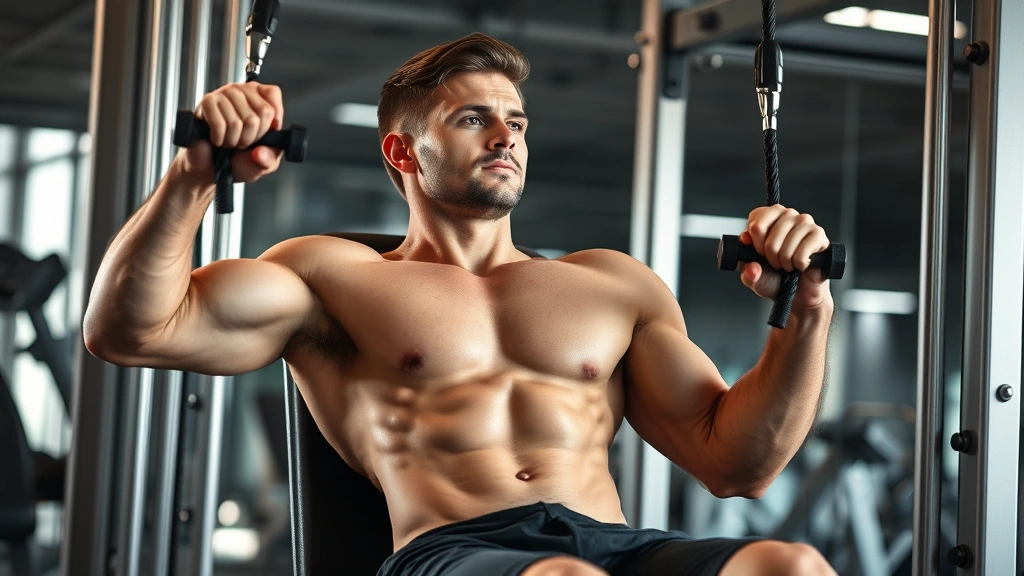 Athletic male performing cable crunches with proper form, controlled movement, focused expression, professional gym setting with cable machine, chest contracted