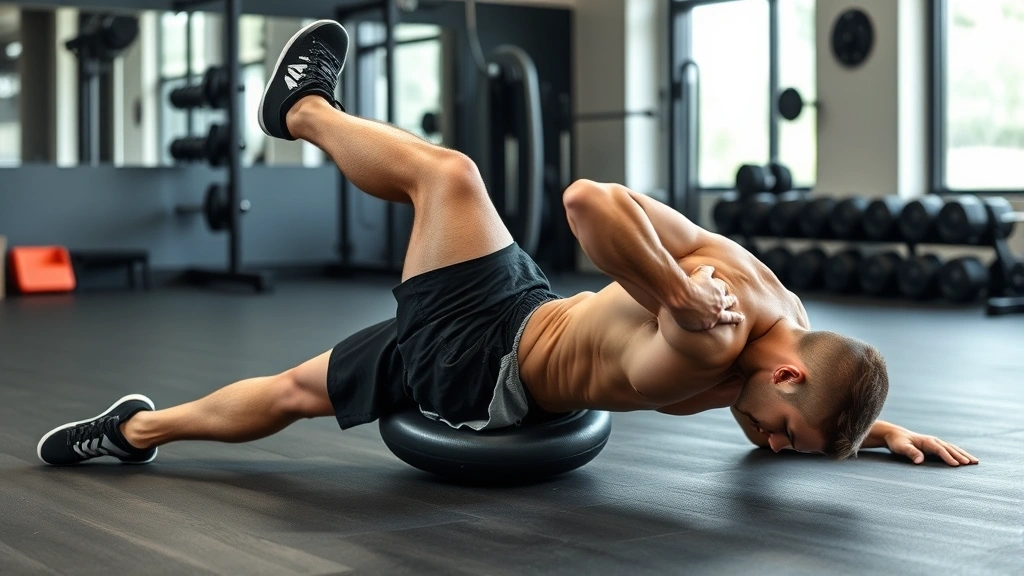 Advanced athlete performing ab wheel rollout with full body extension, controlled movement, visible core engagement, gym floor setting, demonstrating advanced progression