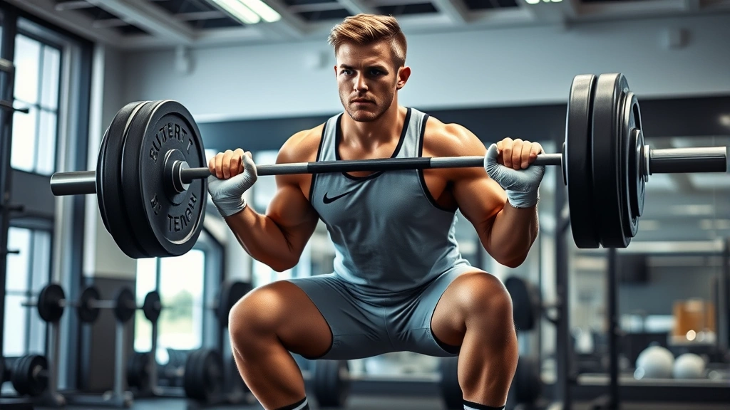 A collegiate football player performing a heavy barbell squat in a modern weight room with proper form, intense concentration, no visible text or labels on equipment