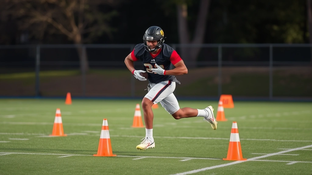A football player executing an explosive lateral shuffle drill with cone markers during agility training, demonstrating quick directional change and athletic control