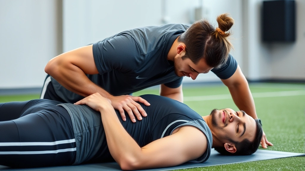 A recovery scene showing a football athlete receiving a sports massage or foam rolling session with a trainer, emphasizing post-workout recovery and injury prevention methodology