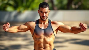 Athlete in power yoga warrior pose showing muscular engagement and balance, outdoor natural lighting, focused intensity on face, demonstrating functional strength