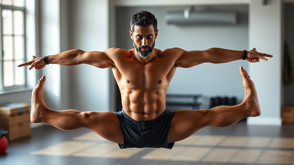 Diverse athlete holding challenging yoga pose like boat pose or four-limbed staff pose, showing core and upper body strength, gym or studio setting with natural light