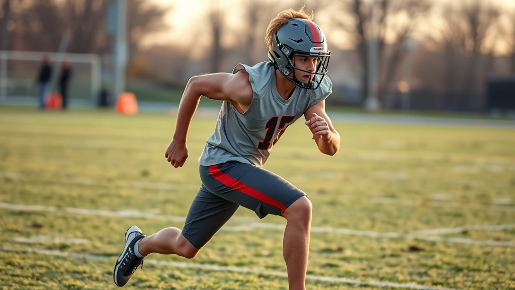 High school football player in intense sprinting workout, explosive stride on grass field, athletic build, dynamic motion, sweat visible, outdoor training environment, early morning lighting