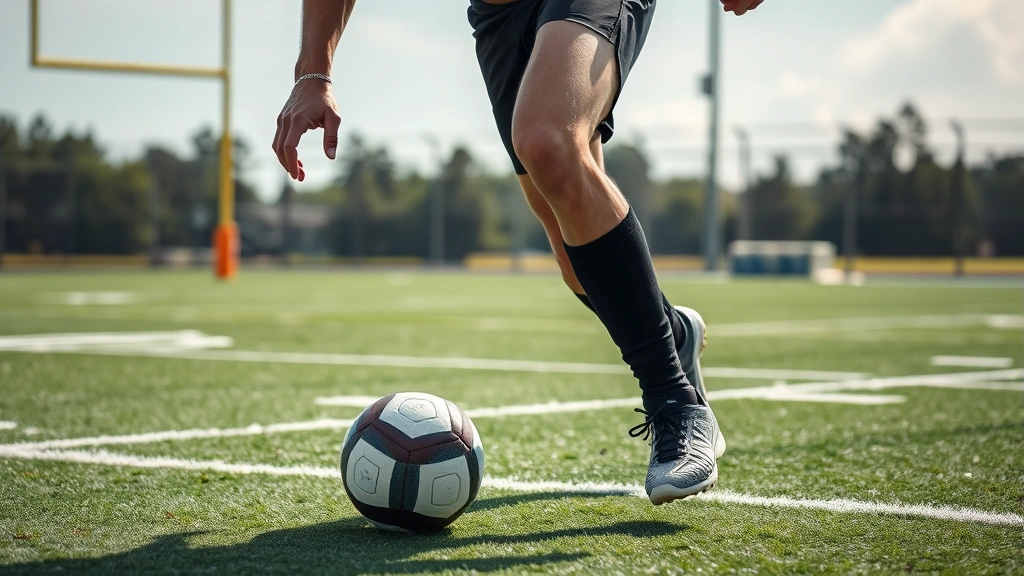 Close-up of athlete's lower body during lateral shuttle drill, explosive cutting movement on field, proper athletic stance, muscular definition, focused intensity, game-ready conditioning