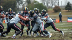 Athletic NAIA football players executing defensive tackle during intense playoff game, muddy field, overcast weather, authentic game action photography