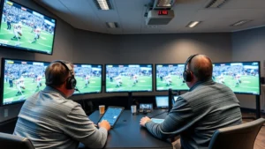 College football coaches analyzing game film on large monitors in modern coaching facility, intense focused atmosphere, professional environment with multiple screens