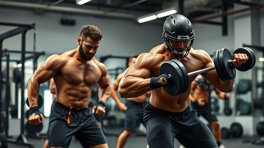 Muscular football players performing explosive training exercises in state-of-the-art weight room, dumbbells and barbells visible, dynamic athletic movement captured mid-action