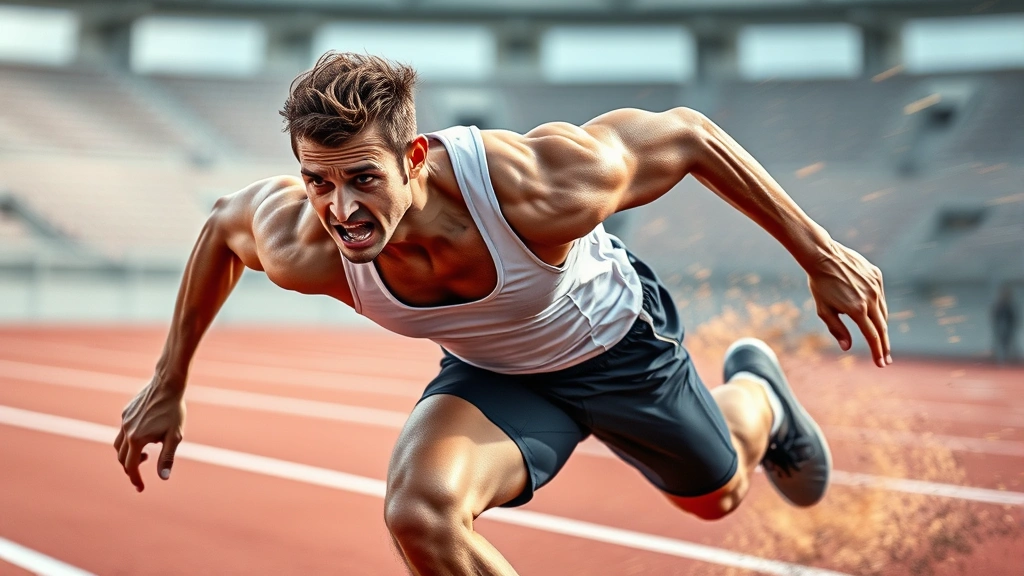 Athletic male sprinter exploding forward with maximal intensity, muscles engaged, track setting, dynamic motion blur, intense facial expression