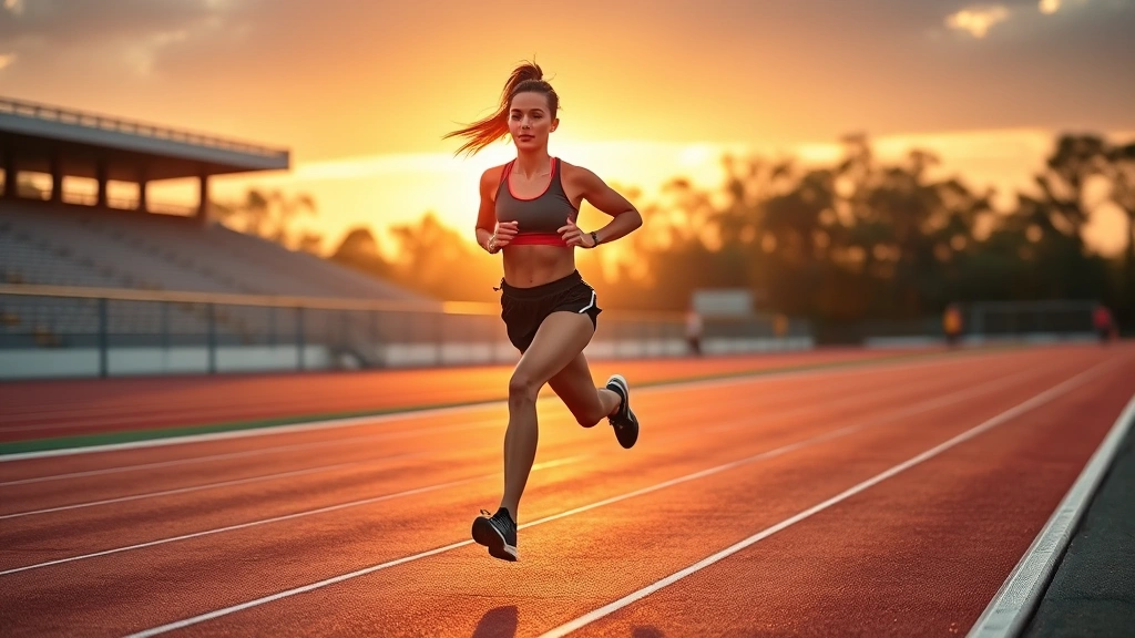 Female athlete running on stadium track during golden hour, powerful stride, determined expression, professional athletic wear, outdoor stadium environment
