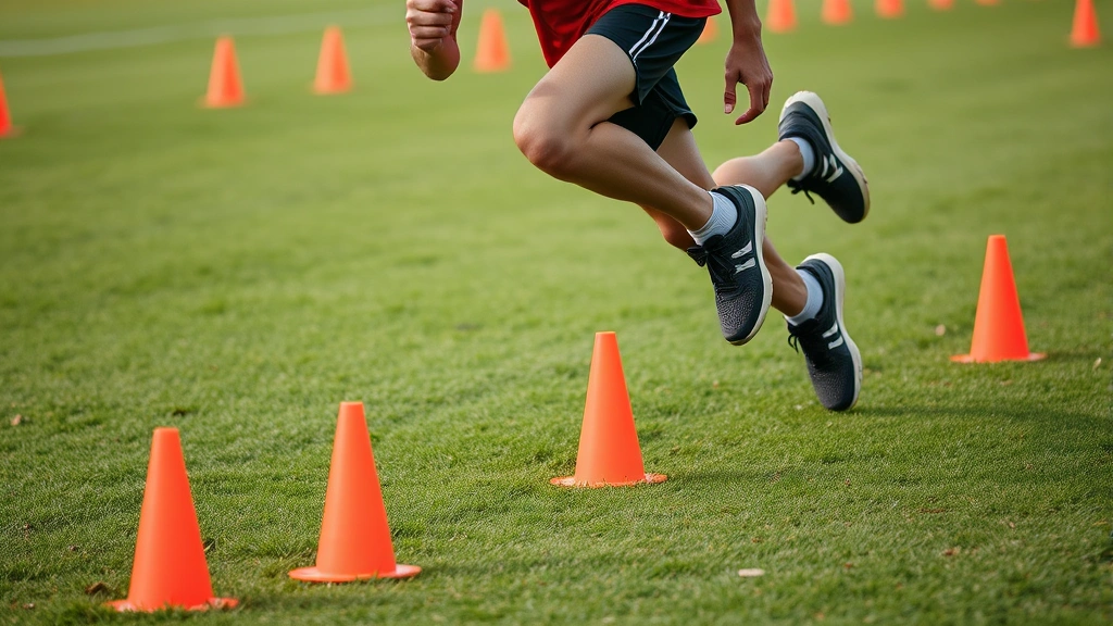 Young male athlete performing shuttle run drill with agility cones, explosive directional change, athletic shoes, grass field, competitive intensity