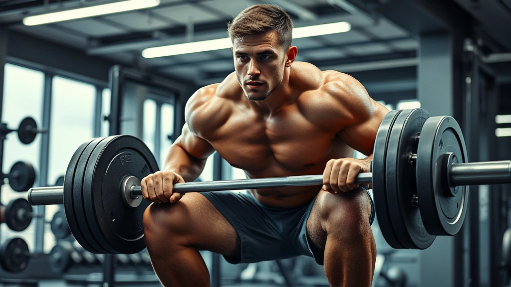 Muscular college football player performing heavy barbell squat with intense focus in modern weight room, sweat visible, powerful leg drive, professional athletic environment