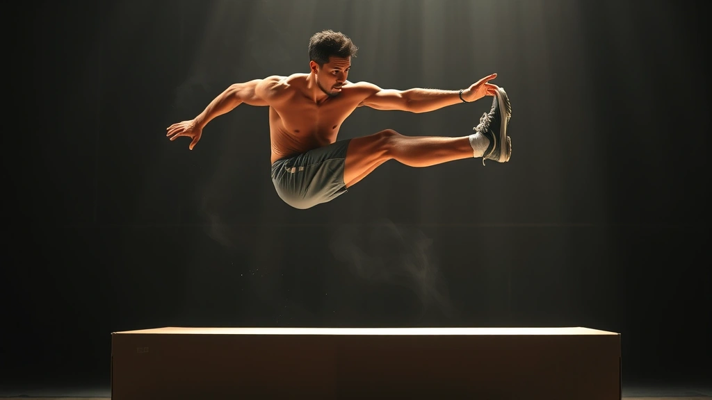 Elite athlete executing explosive box jump with full body extension, dynamic movement captured mid-air, athletic shoes gripping platform, dramatic lighting highlighting muscle definition