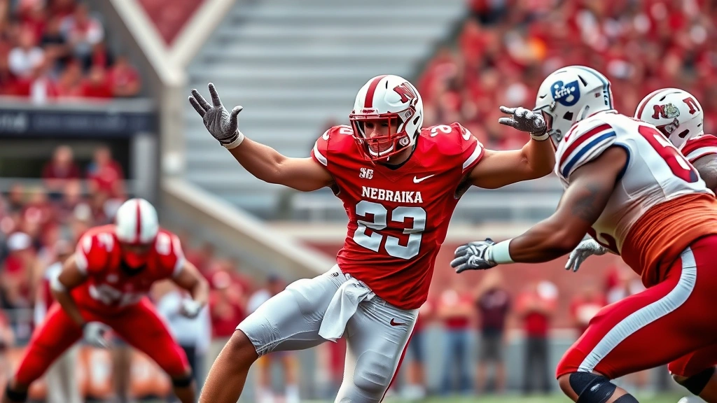 Athletic male college football player in red Nebraska uniform executing explosive blocking technique on offensive line, powerful leg drive and upper body engagement, stadium background, dynamic action shot