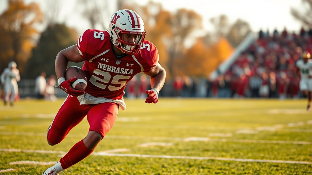 Muscular defensive football player in Nebraska red jersey pursuing ball carrier with intense focus, sprinting across field with perfect form, autumn afternoon lighting, high-energy game moment