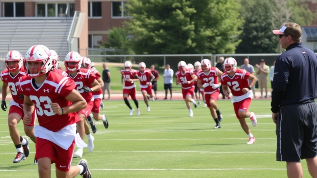 College football team performing conditioning drills on practice field, athletes in red and white uniforms doing sprint intervals with visible effort and determination, coaching staff supervising, outdoor facility setting