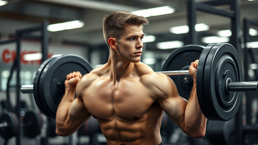 Athletic male college football player performing heavy barbell back squat in professional strength training facility with Olympic plates, intense focused expression, sweat visible, proper form demonstration, gym equipment blurred background