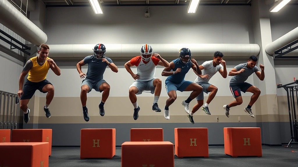 Multiple diverse college football athletes performing plyometric box jump exercises simultaneously in modern training facility, explosive dynamic movement captured mid-jump, athletic intensity and power demonstration, professional lighting