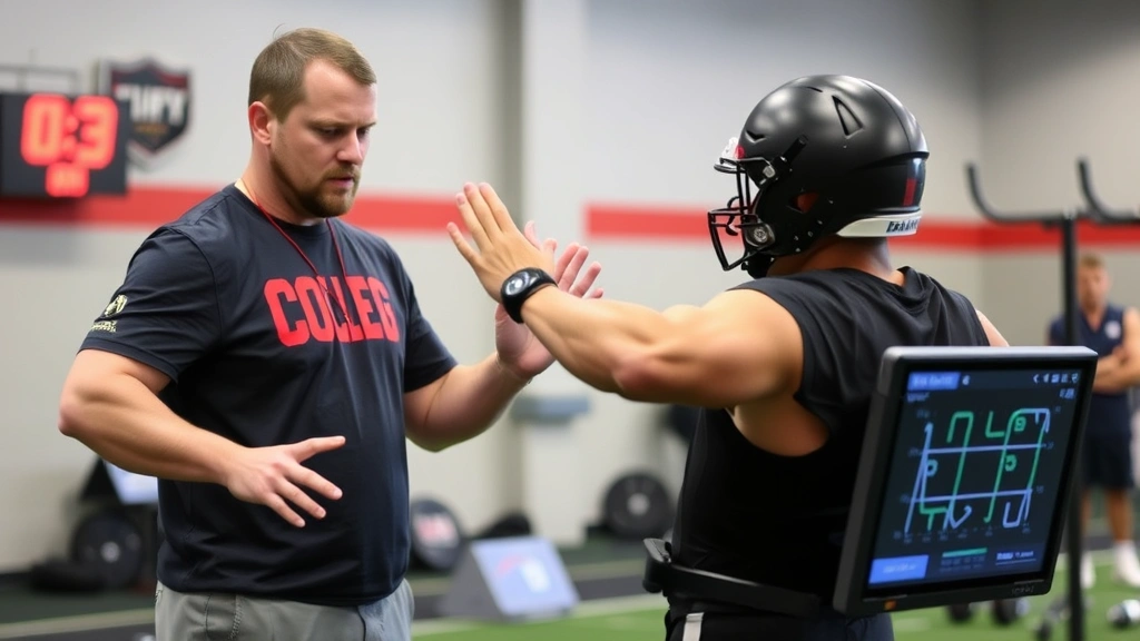 College football strength coach instructing athlete on exercise form using force plate technology, coaching demonstration, athlete performing movement with proper mechanics, data analysis equipment visible, professional training environment