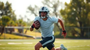 Athletic player catching foam football mid-sprint outdoors, intense focus, dynamic movement, sunlit field, professional athletic wear, action-packed moment