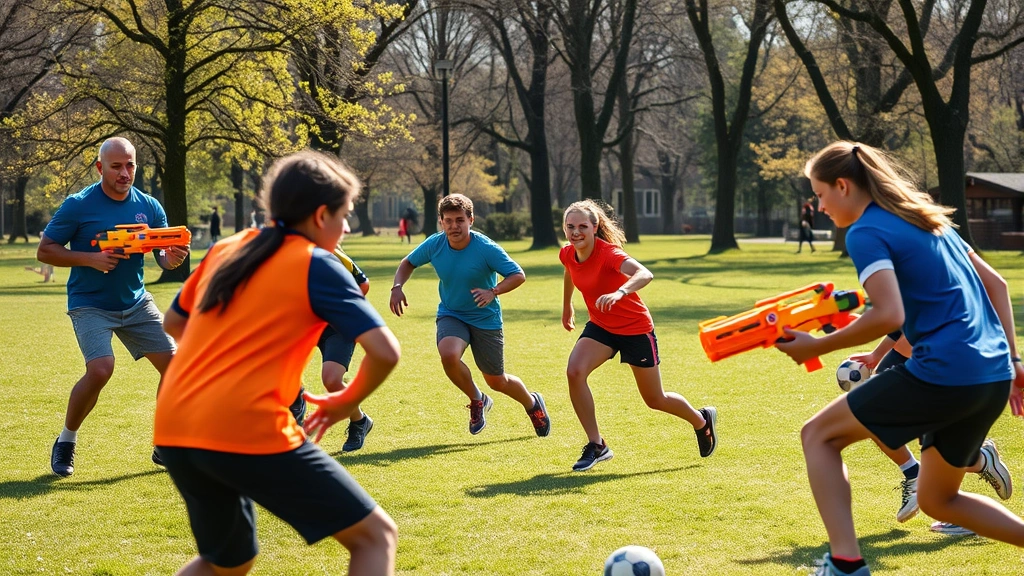 Group of diverse athletes playing Nerf football in park, team coordination, intense competition, natural daylight, athletic performance, energetic movement