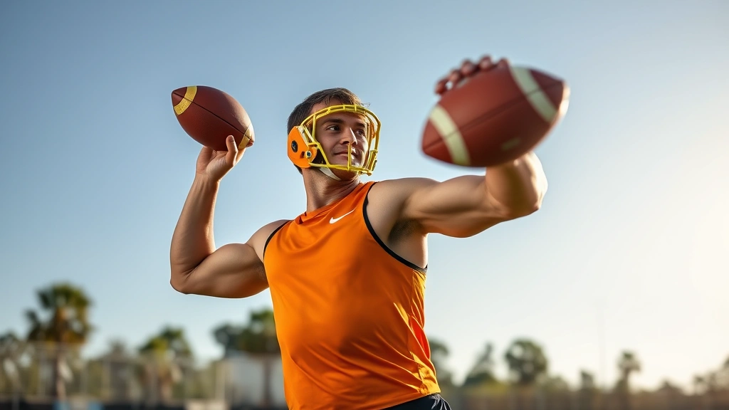 Athlete throwing Nerf football with perfect form, muscular engagement, outdoor field setting, professional athletic posture, dynamic athletic motion, clear sunny day