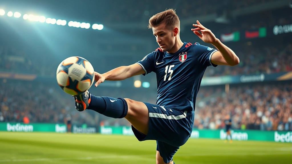 Dynamic Dutch football player executing perfect passing technique during intense international match, stadium lights illuminating athletic form, focused expression, professional kit, photorealistic action shot