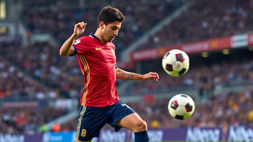 Spanish midfielder controlling football with precision during possession-dominant play, showing technical skill and body positioning, natural stadium atmosphere, competitive intensity captured in professional photography