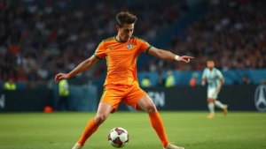 Professional footballer executing precise passing technique during international match, wearing orange kit, intense focus on ball control and technique