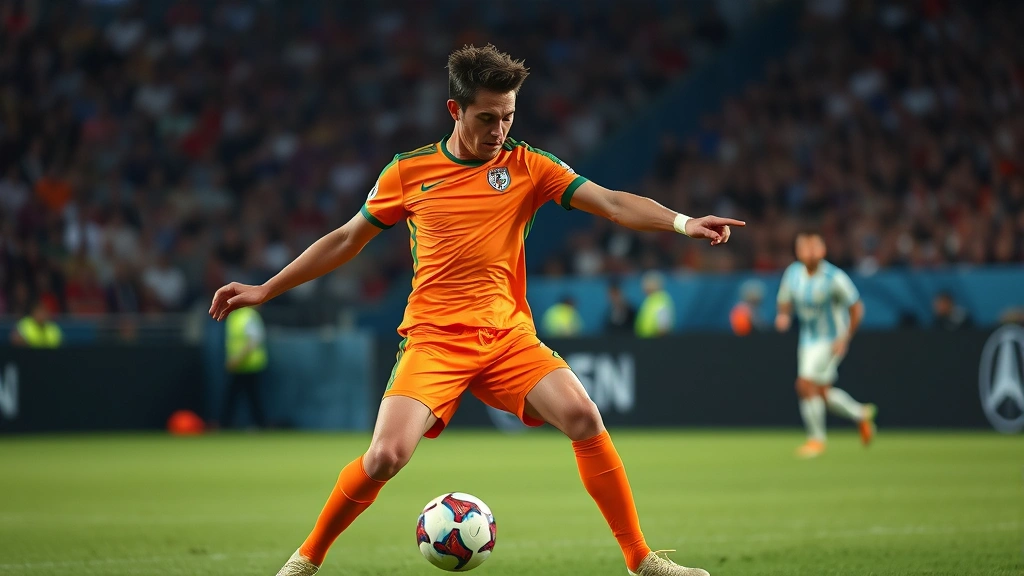 Professional footballer executing precise passing technique during international match, wearing orange kit, intense focus on ball control and technique