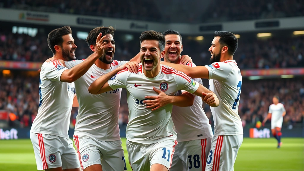 Striker celebrating goal with teammates, showcasing emotional intensity and athletic excellence in professional football competition