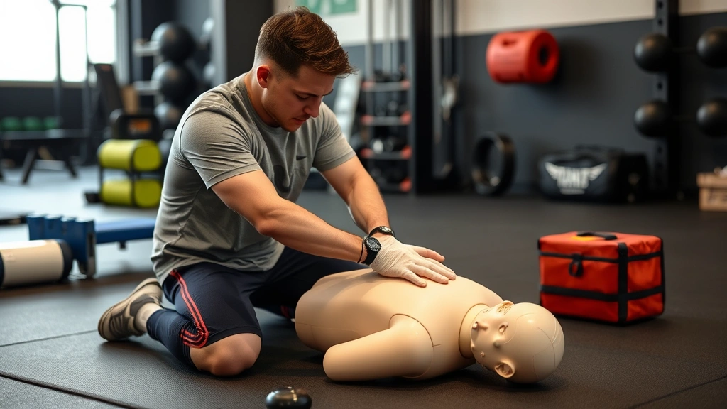 Athletic trainer demonstrating CPR on training dummy during emergency medical training session with focused intensity, indoor gym setting