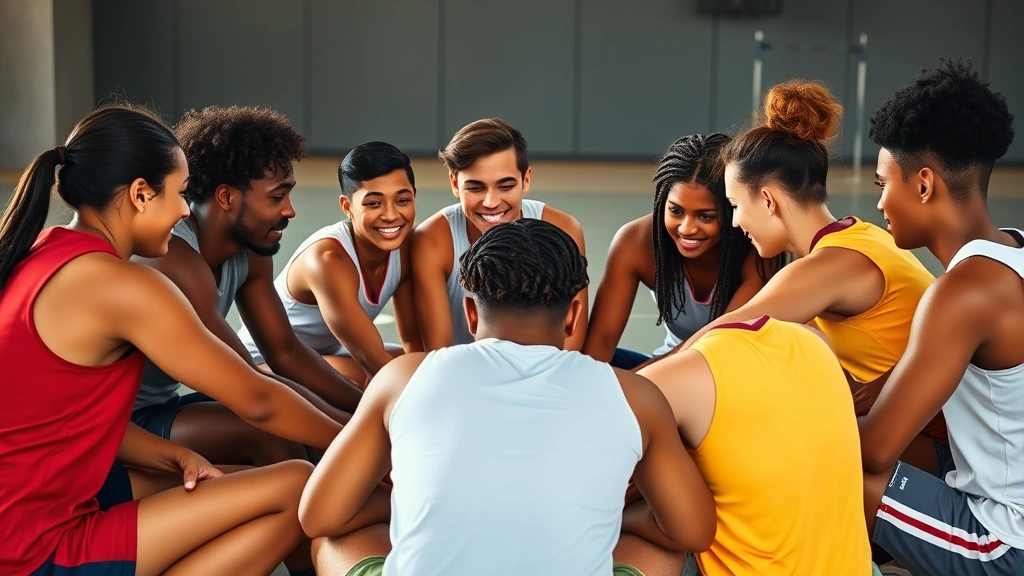 Young diverse athletes sitting together in supportive team huddle circle, showing emotional connection and camaraderie during team bonding