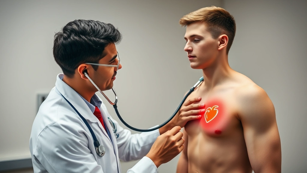 Medical professional performing cardiac examination on teenage male athlete using stethoscope, clinical healthcare setting with proper lighting