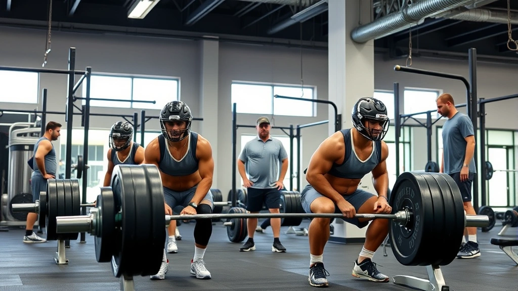 College football players performing heavy barbell squat exercises in modern strength training facility with professional coaching staff supervision