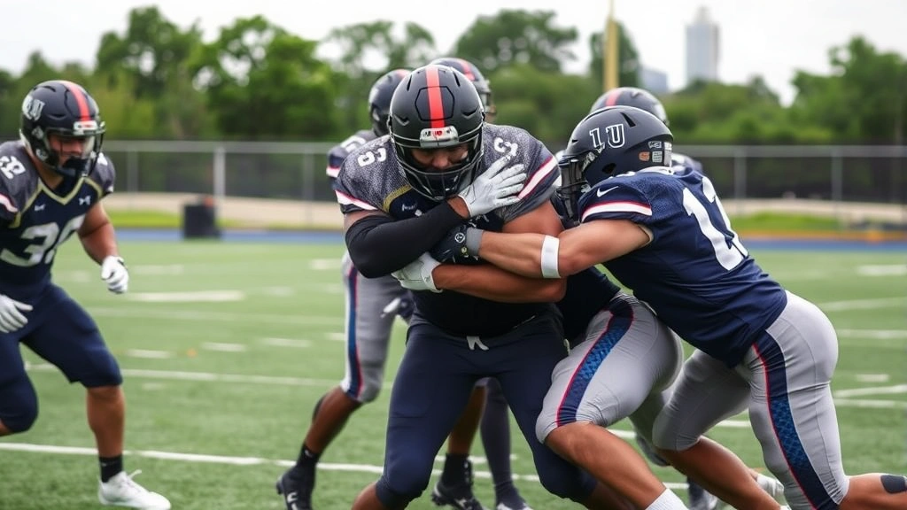 Defensive football players executing contact drill with proper tackling mechanics and body positioning, emphasizing injury prevention technique