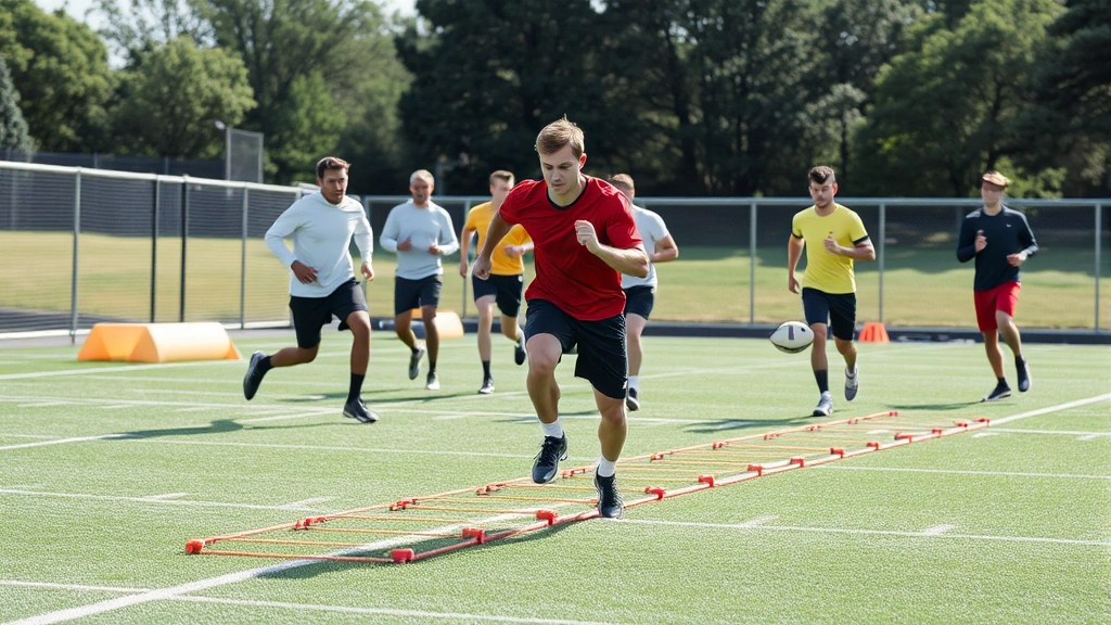 Football athletes performing agility ladder drills and lateral movement training during conditioning session, developing sport-specific speed and change-of-direction ability