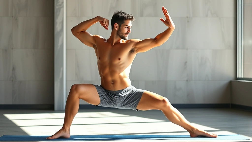 Fit male athlete performing warrior pose with perfect alignment, demonstrating functional flexibility, natural daylight, full body visible, photorealistic