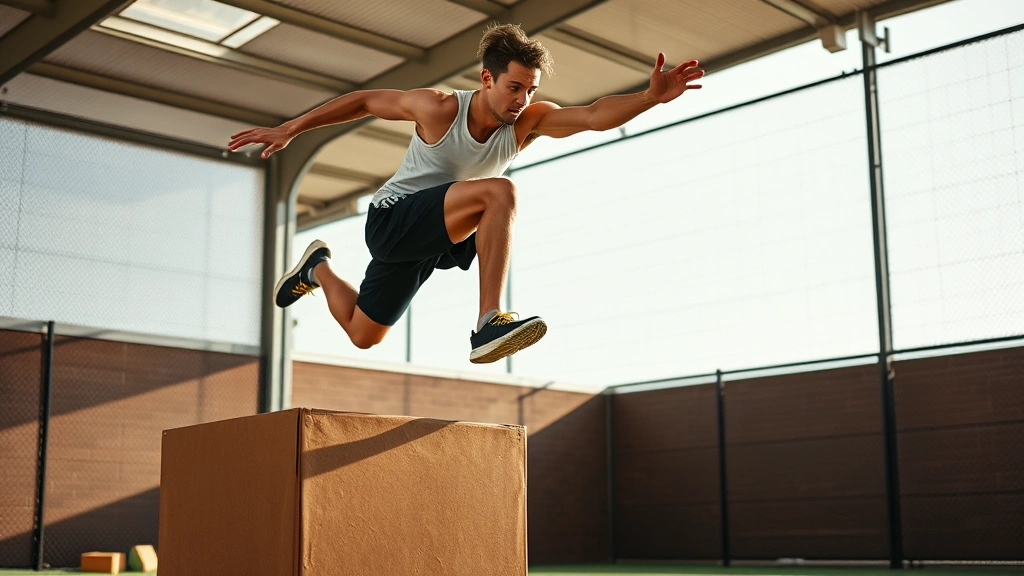 Dynamic action shot of athlete executing explosive plyometric box jump, maximum height captured mid-air, powerful leg extension, focused expression, outdoor or indoor training facility, no text overlays