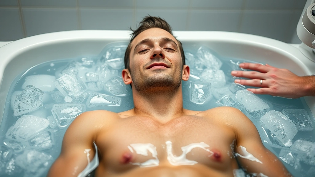 Recovery scene showing athlete in ice bath treatment with peaceful expression, professional medical setting, visible water and athletic body, wellness and regeneration emphasis, no text or clinical labels visible