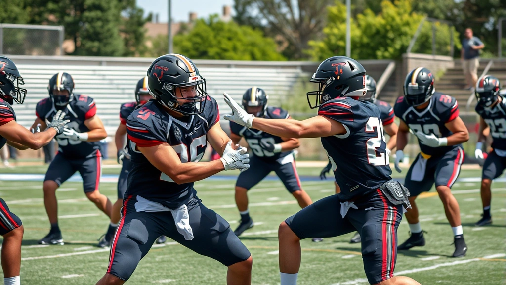 College football team in full gear during intense outdoor practice session, players executing blocking drills with focus and precision, natural daylight, photorealistic, no text visible