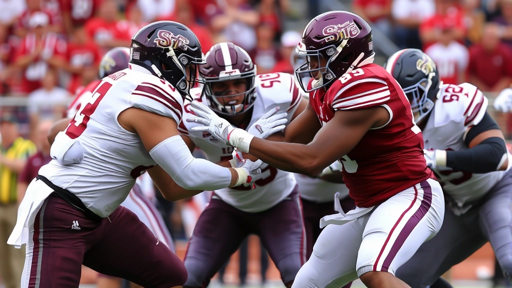 Defensive lineman in Texas State uniform executing gap control technique, engaged in physical contact, multiple blockers visible, action-packed football moment, authentic stadium environment