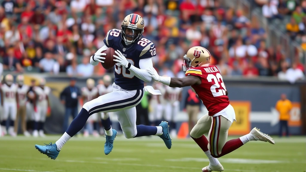 Wide receiver in motion catching football mid-stride, defensive back defending closely, crowd blurred background, dynamic athletic movement, professional sports photography quality