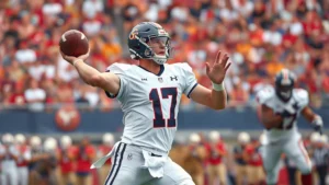 Dynamic college football quarterback mid-throw during intense game, crowd blurred background, photorealistic action shot